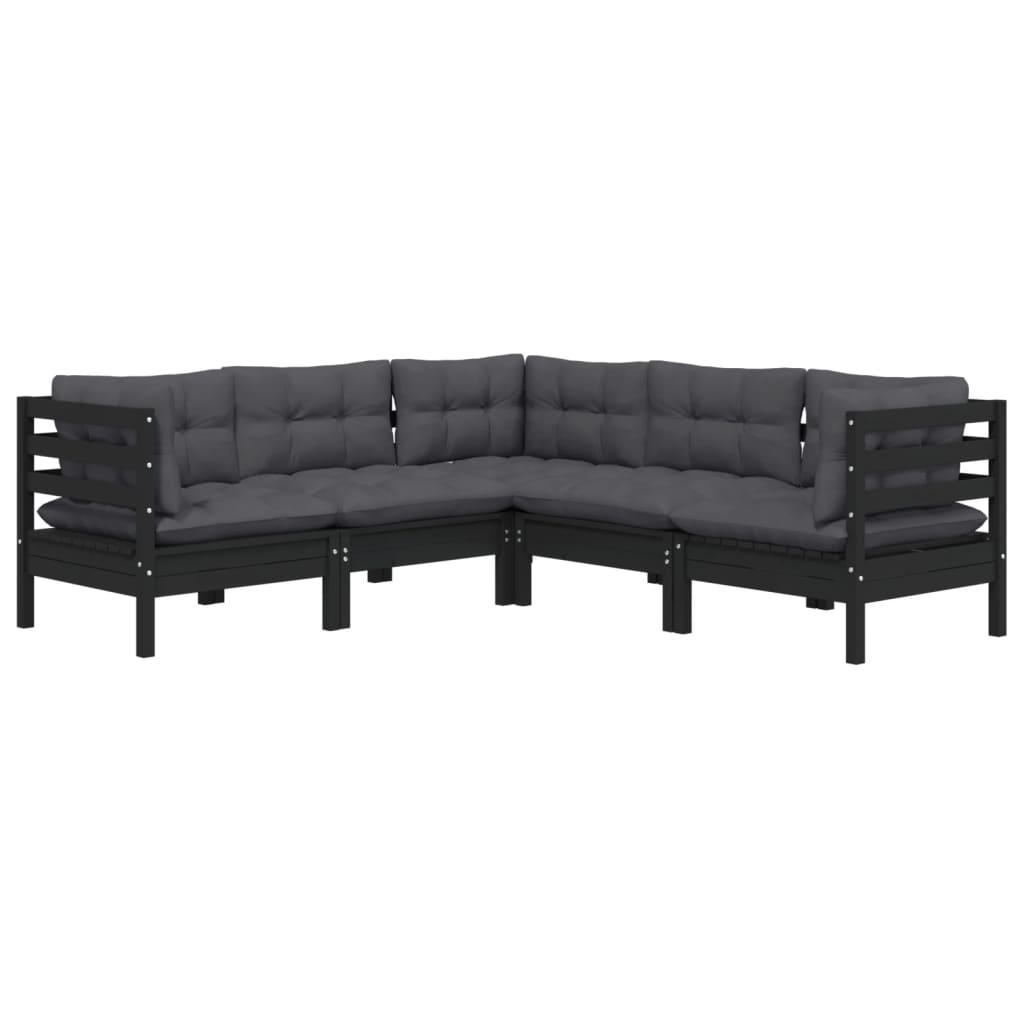 5 Piece Garden Lounge Set with Cushions Black Solid Pinewood