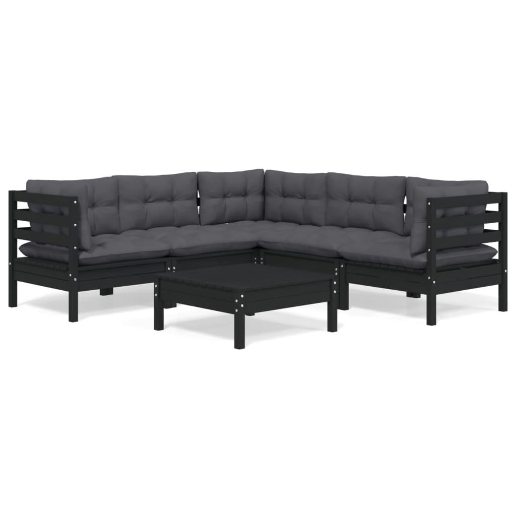 6 Piece Garden Lounge Set with Cushions Black Solid Pinewood