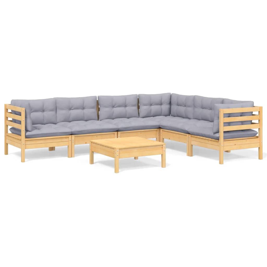 7 Piece Garden Lounge Set with Grey Cushions Solid Pinewood