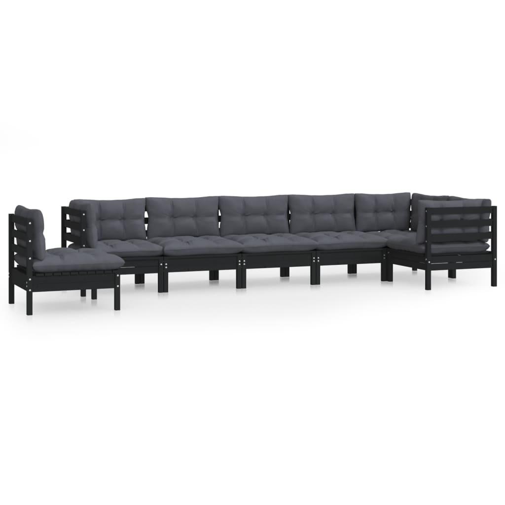 8 Piece Garden Lounge Set with Cushions Black Solid Pinewood