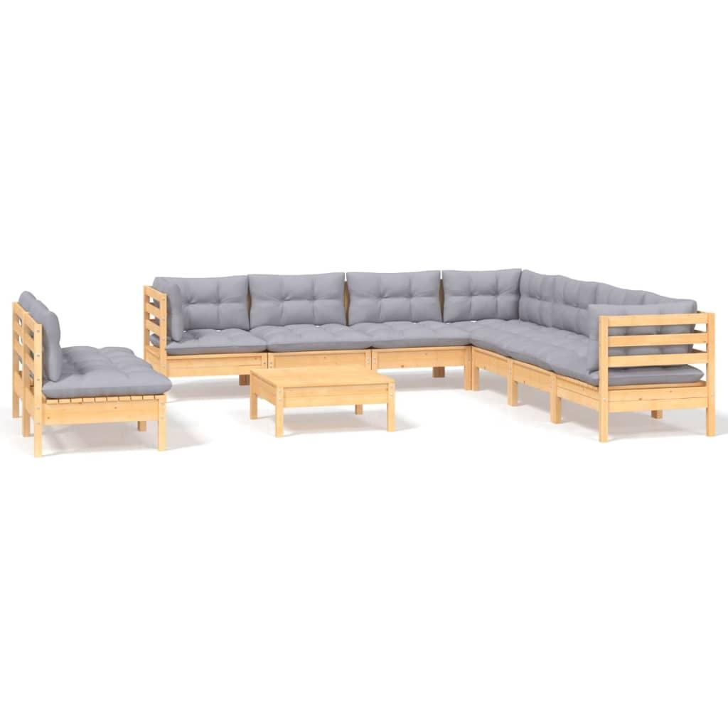 10 Piece Garden Lounge Set with Grey Cushions Solid Pinewood