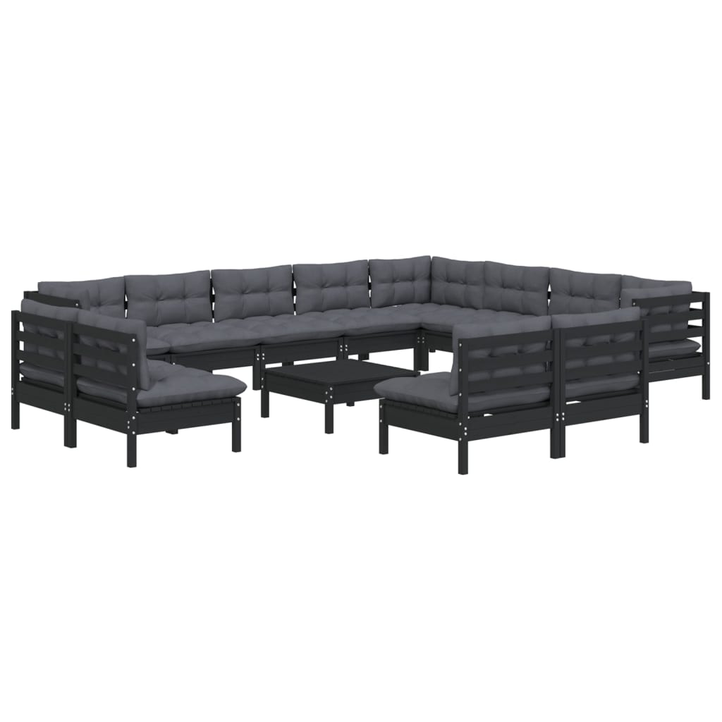 13 Piece Garden Lounge Set with Cushions Black Solid Pinewood
