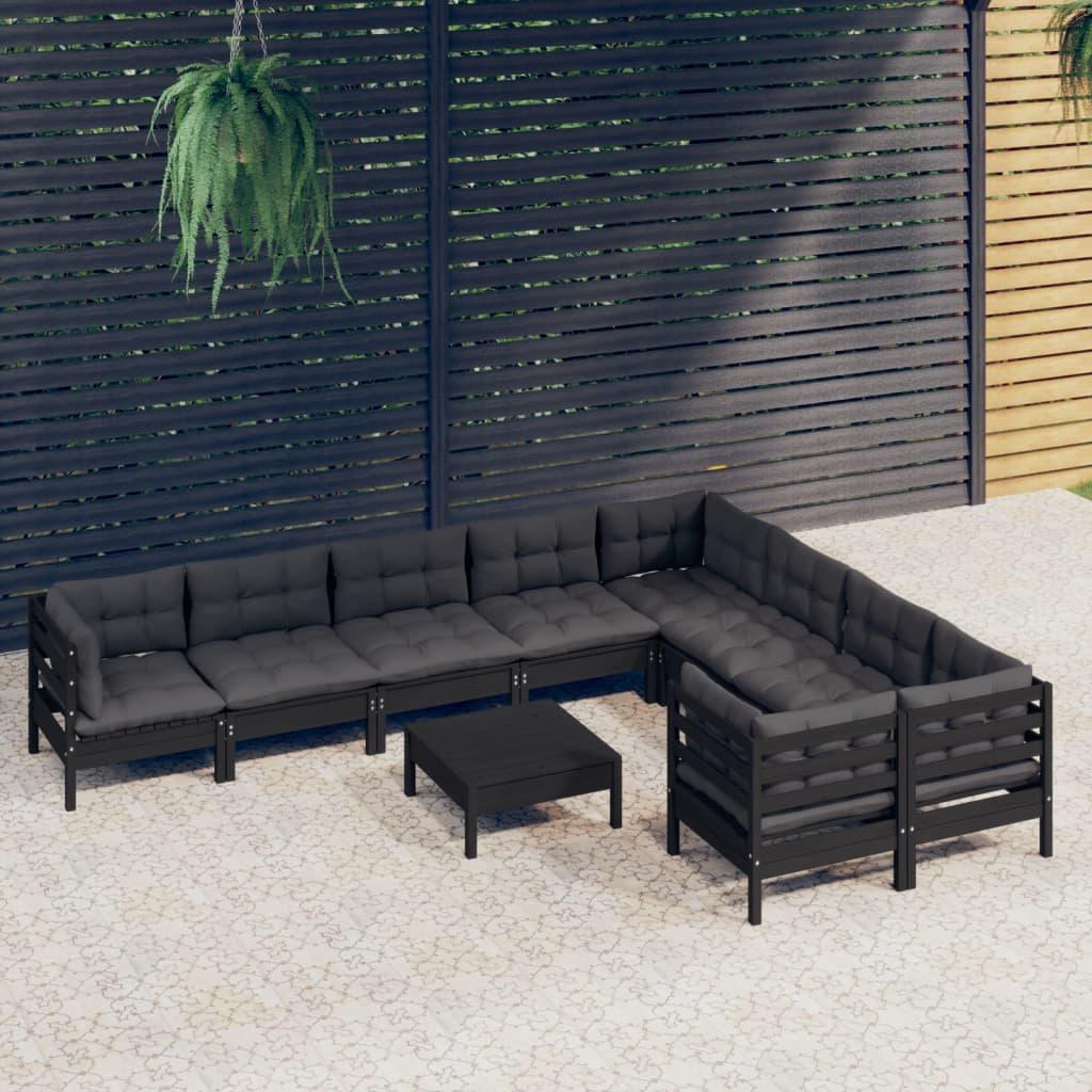 10 Piece Garden Lounge Set with Cushions Black Pinewood