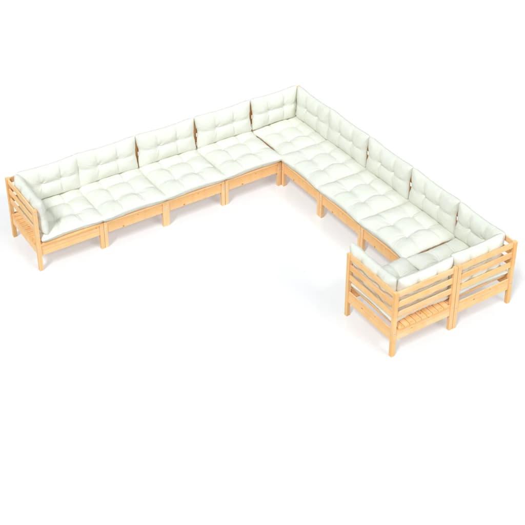 10 Piece Garden Lounge Set with Cream Cushions Pinewood