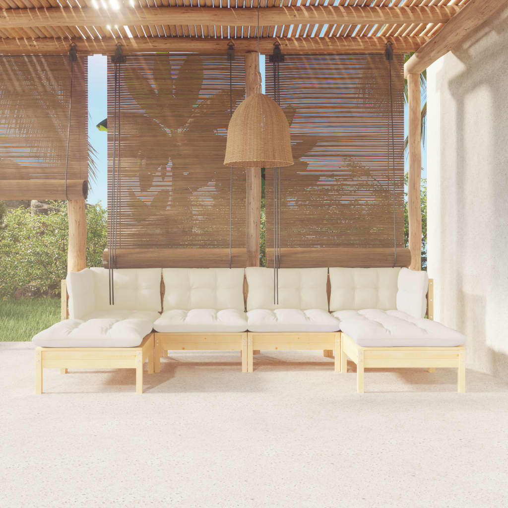 6 Piece Garden Lounge Set with Cream Cushions Pinewood