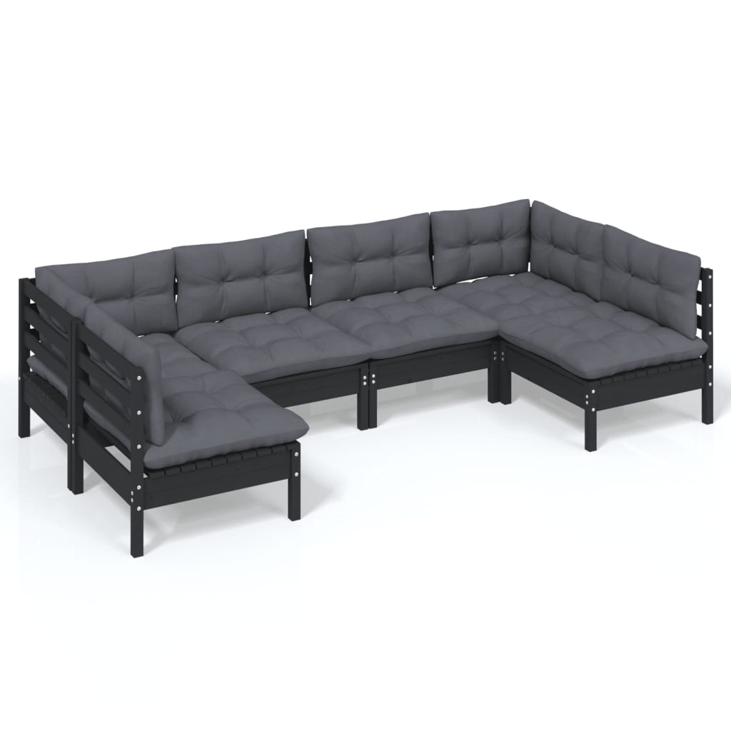 6 Piece Garden Lounge Set with Cushions Black Solid Pinewood