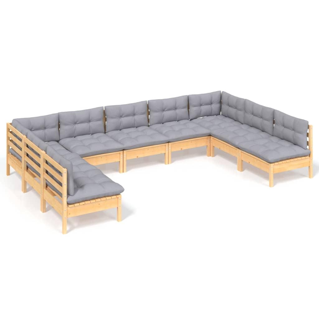 9 Piece Garden Lounge Set with Grey Cushions Solid Pinewood