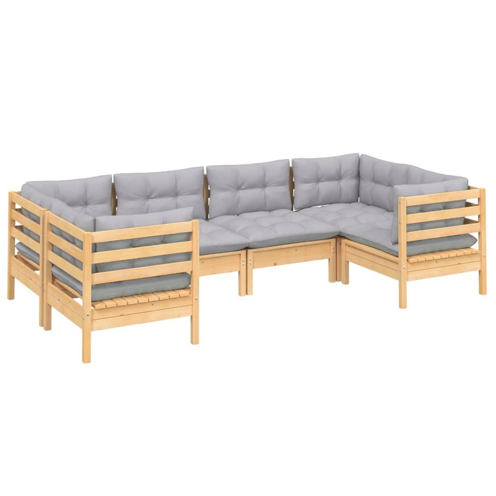 6 Piece Garden Lounge Set with Grey Cushions Pinewood