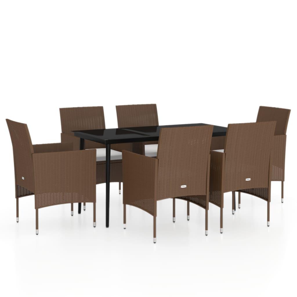7 Piece Garden Dining Set with Cushions Brown and Black