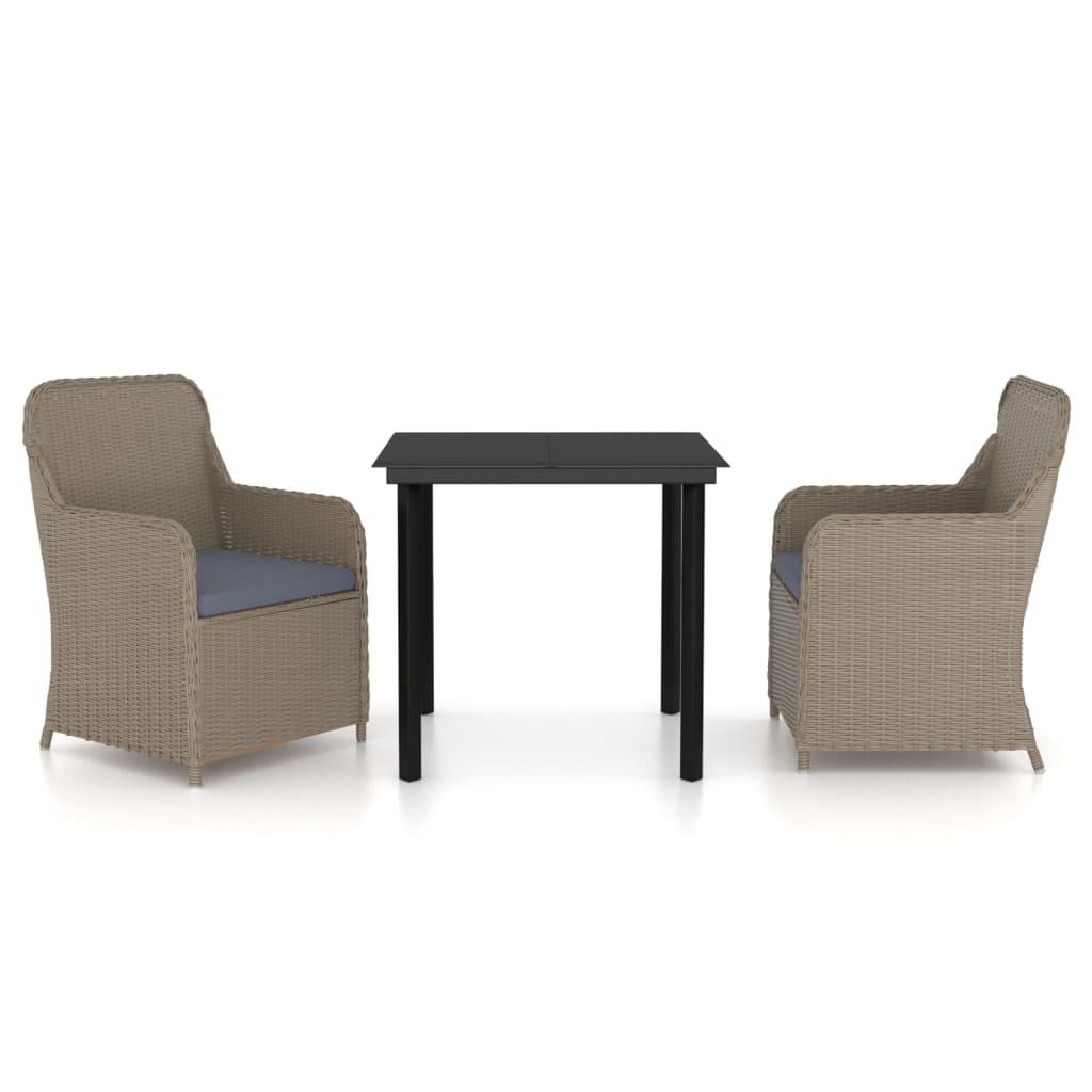 3 Piece Garden Dining Set with Cushions Brown