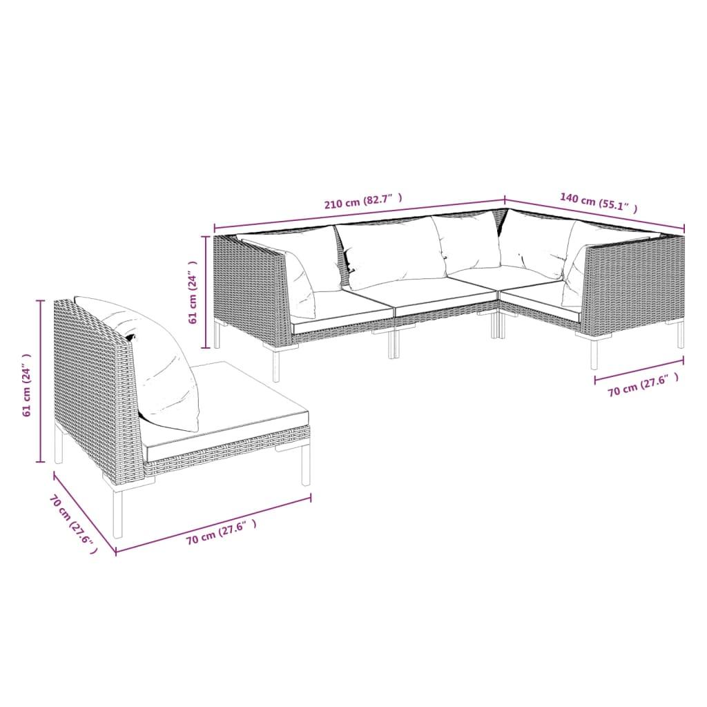 5 Piece Garden Lounge Set with Cushions Poly Rattan Dark Grey