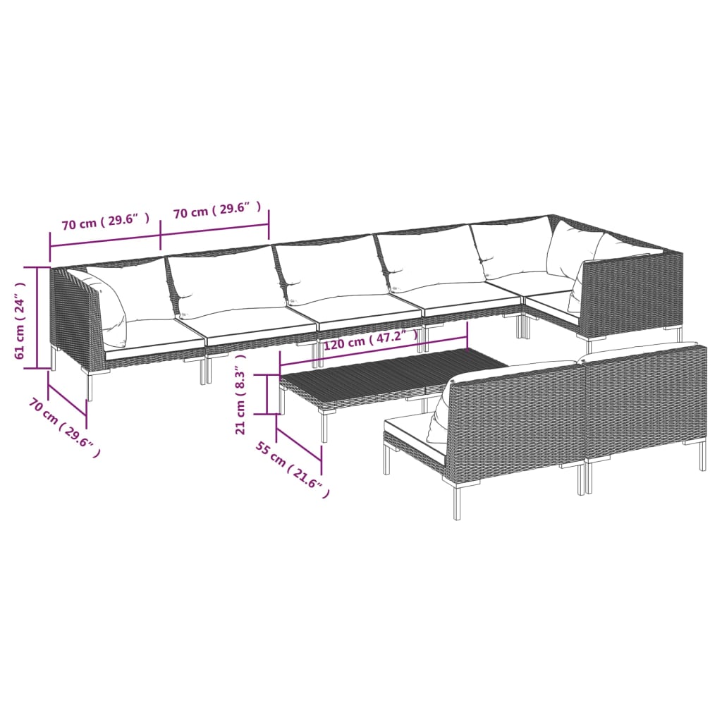 9 Piece Garden Lounge Set with Cushions Poly Rattan Dark Grey