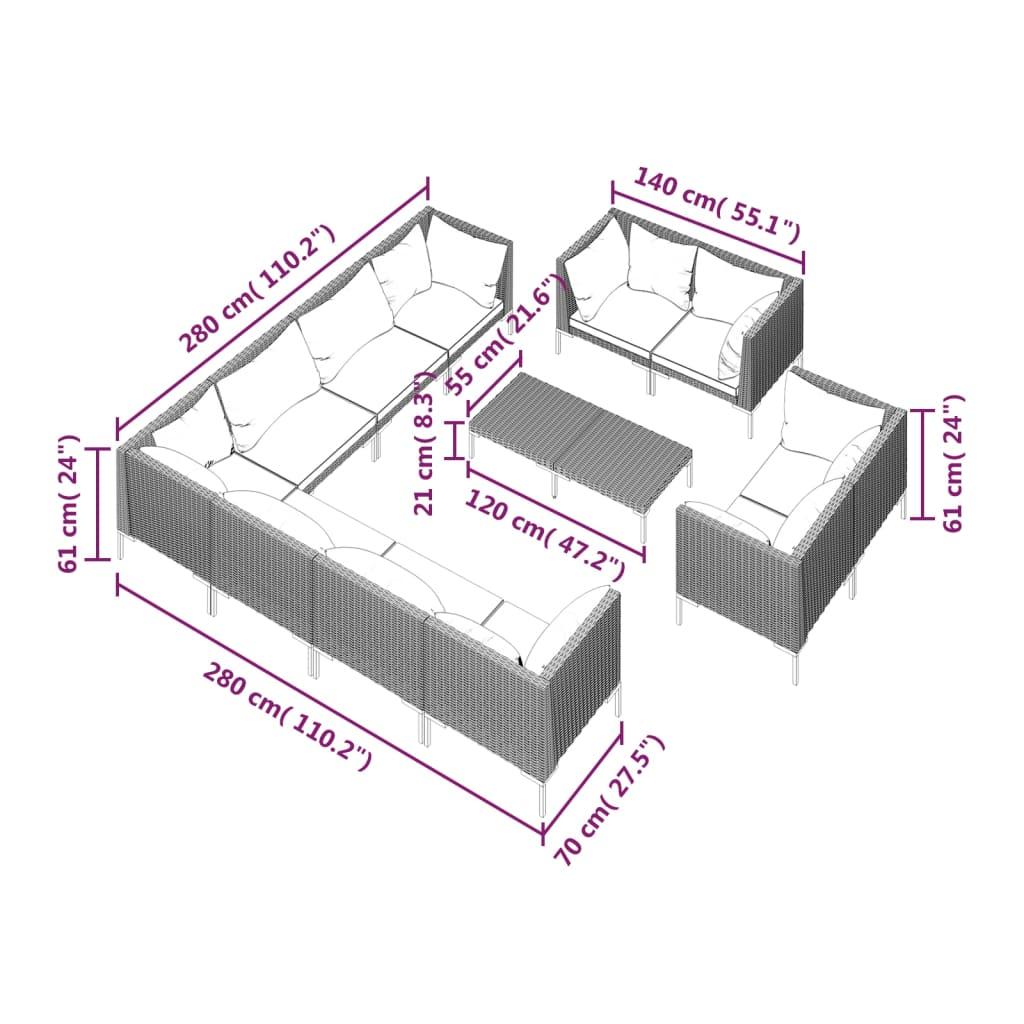 12 Piece Garden Lounge Set with Cushions Poly Rattan Dark Grey