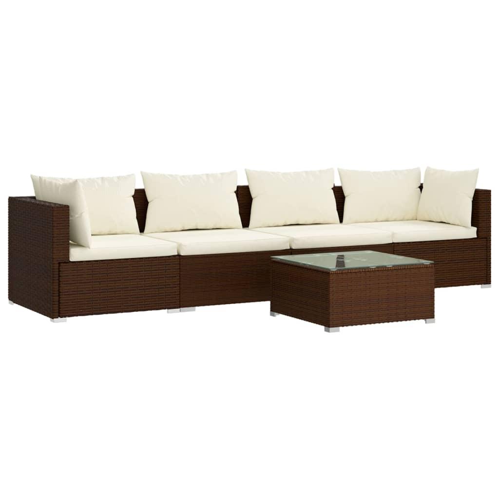 5 Piece Garden Lounge Set with Cushions Poly Rattan Brown