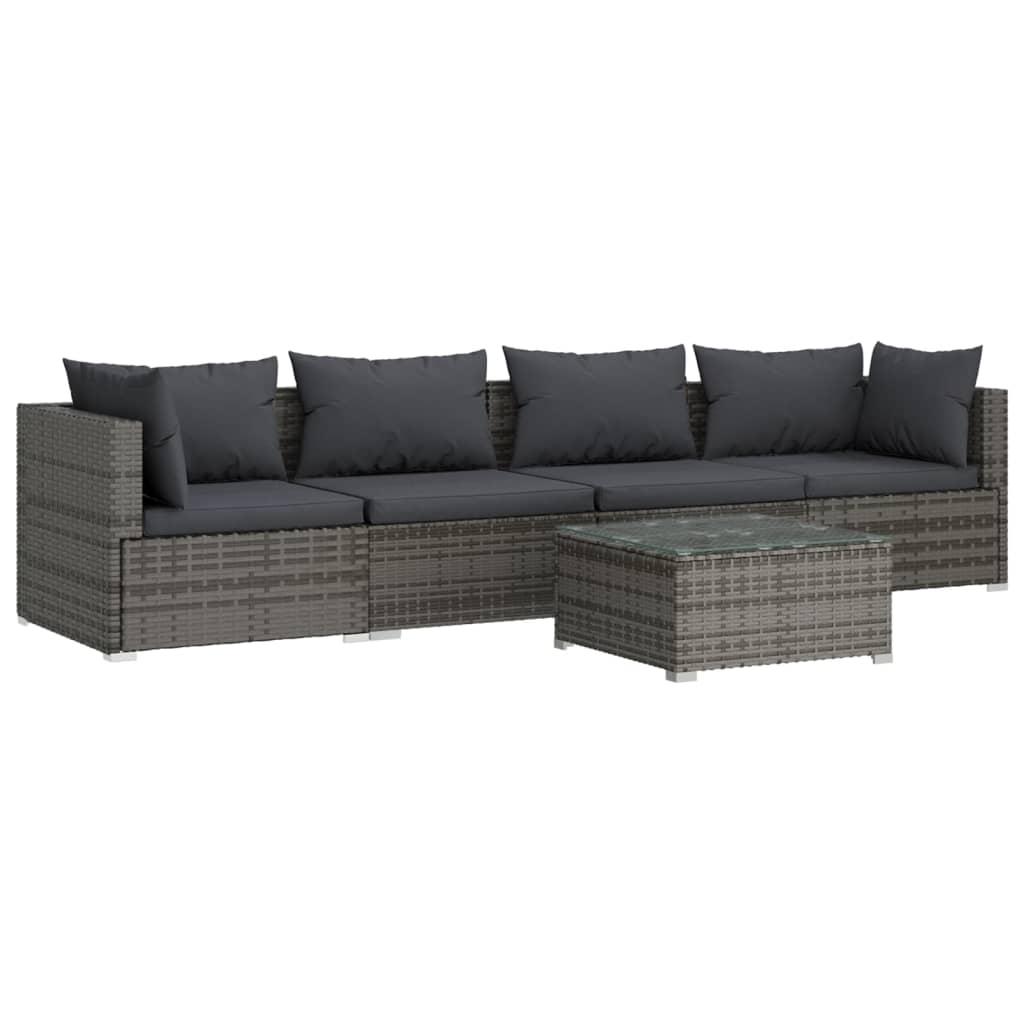 5 Piece Garden Lounge Set with Cushions Poly Rattan Grey