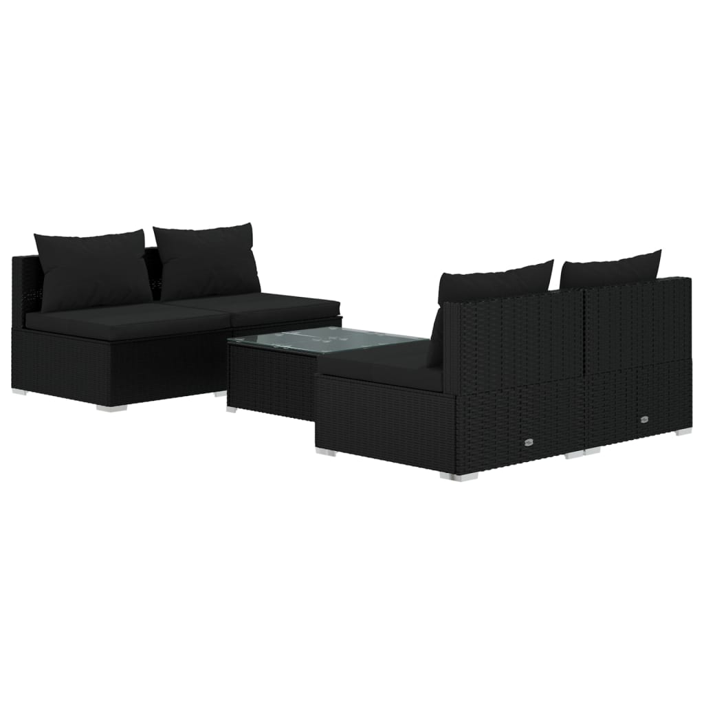 5 Piece Garden Lounge Set with Cushions Poly Rattan Black