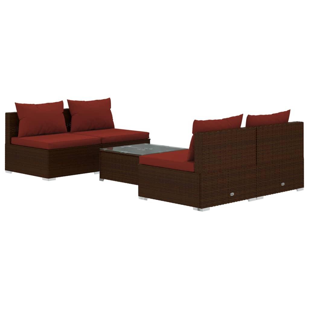 5 Piece Garden Lounge Set with Cushions Poly Rattan Brown