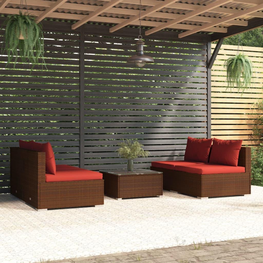 5 Piece Garden Lounge Set with Cushions Poly Rattan Brown