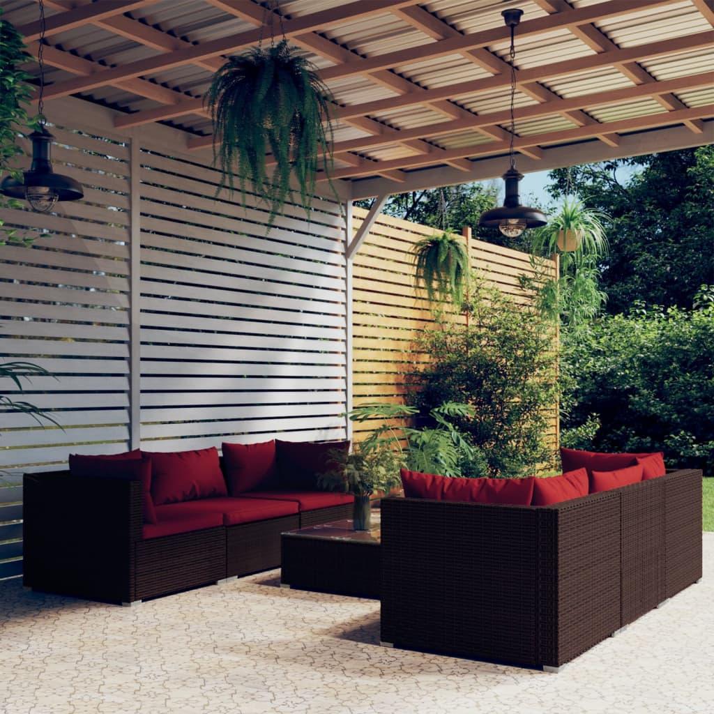 7 Piece Garden Lounge Set with Cushions Poly Rattan Brown