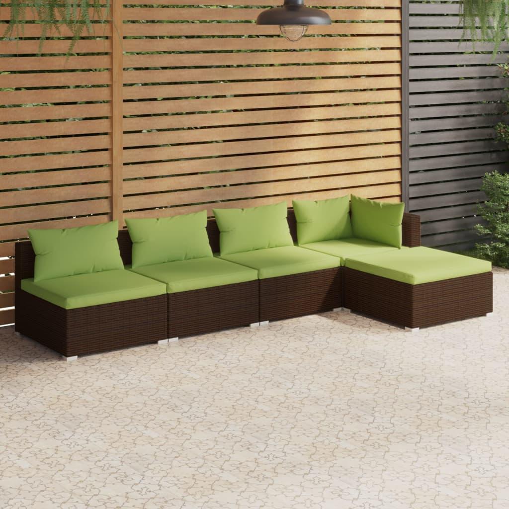 5 Piece Garden Lounge Set with Cushions Poly Rattan Brown