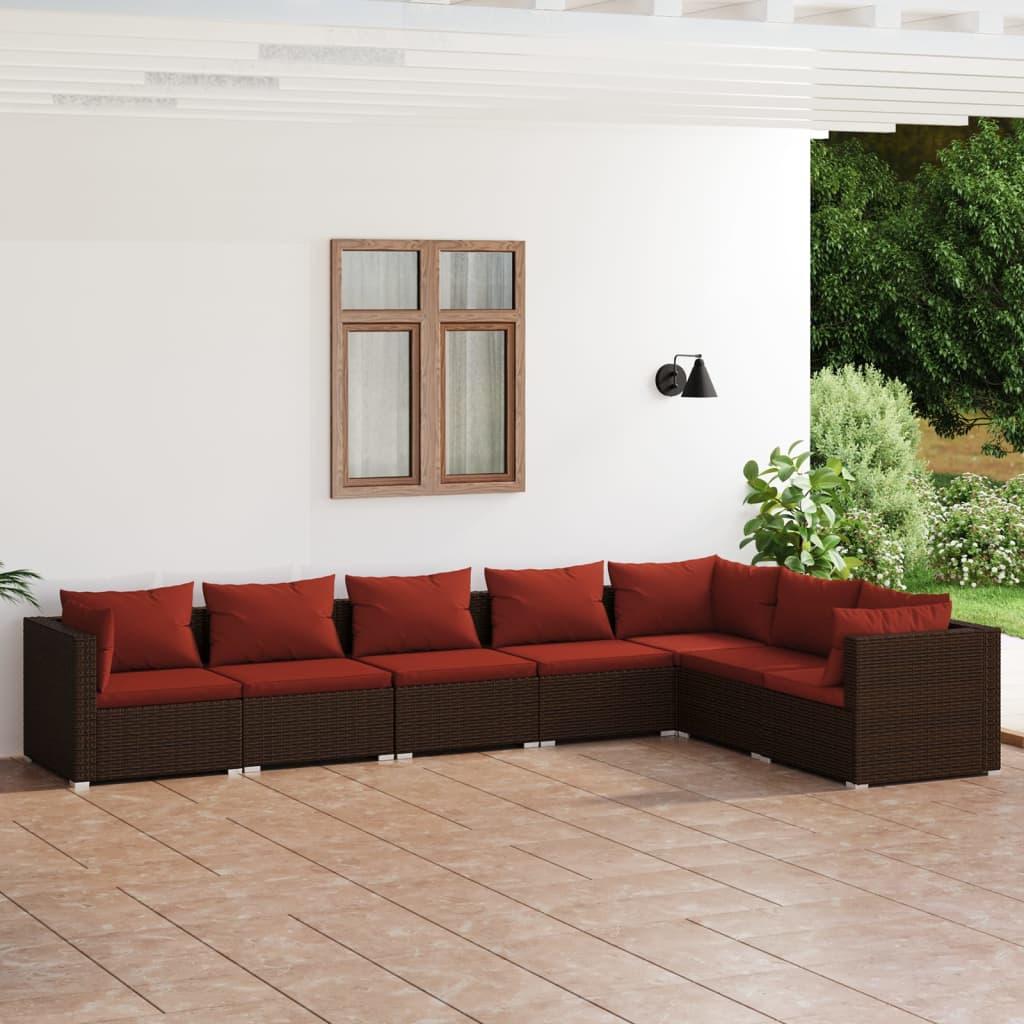 7 Piece Garden Lounge Set with Cushions Poly Rattan Brown