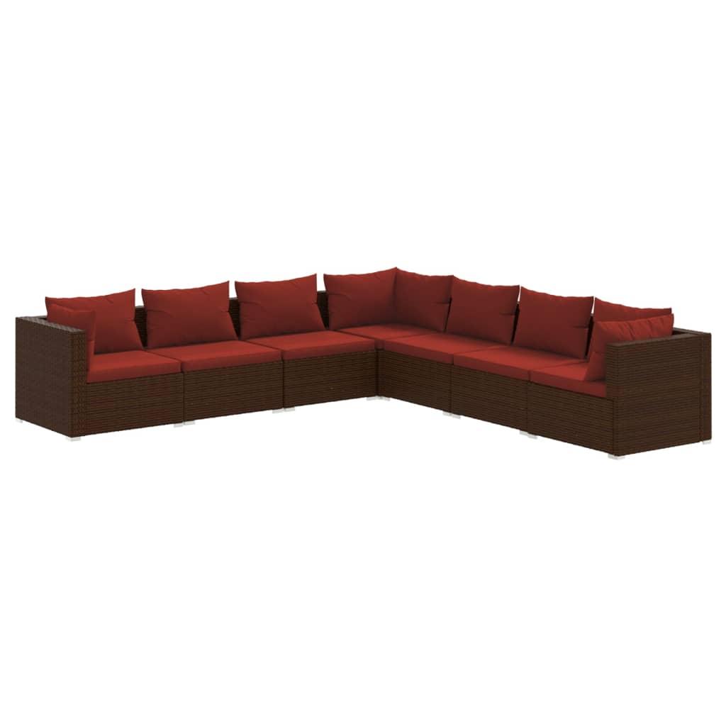 7 Piece Garden Lounge Set with Cushions Poly Rattan Brown