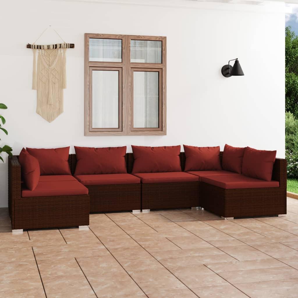 6 Piece Garden Lounge Set with Cushions Poly Rattan Brown