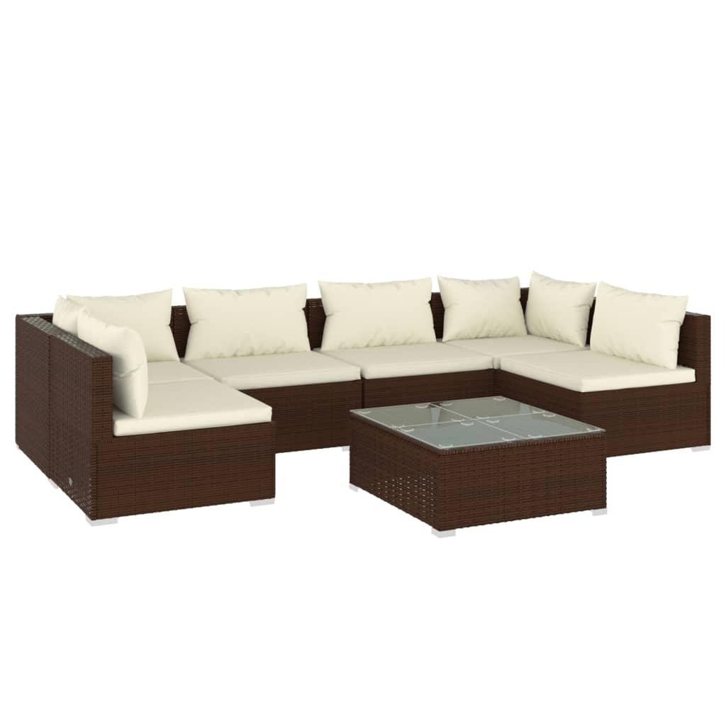 7 Piece Garden Lounge Set with Cushions Poly Rattan Brown