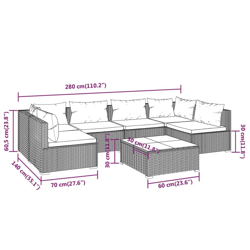 7 Piece Garden Lounge Set with Cushions Poly Rattan Brown