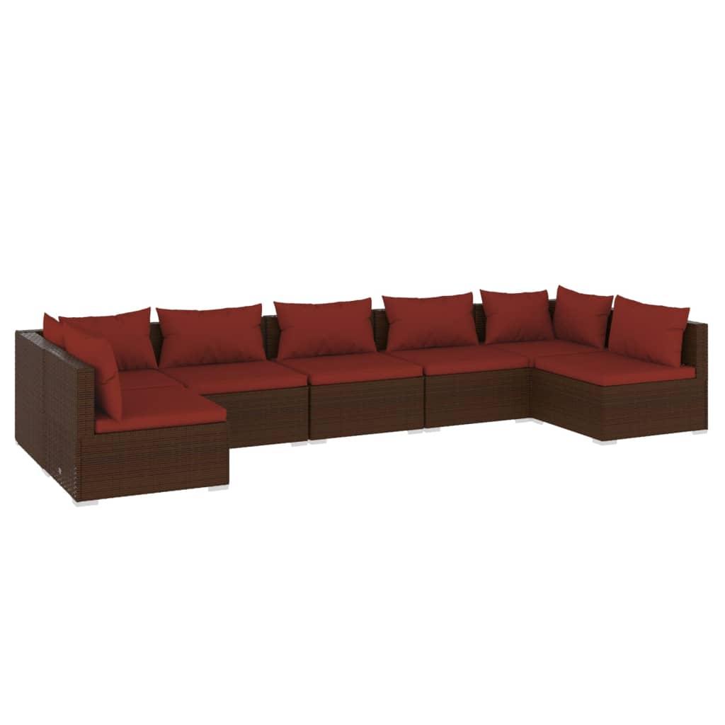 7 Piece Garden Lounge Set with Cushions Poly Rattan Brown