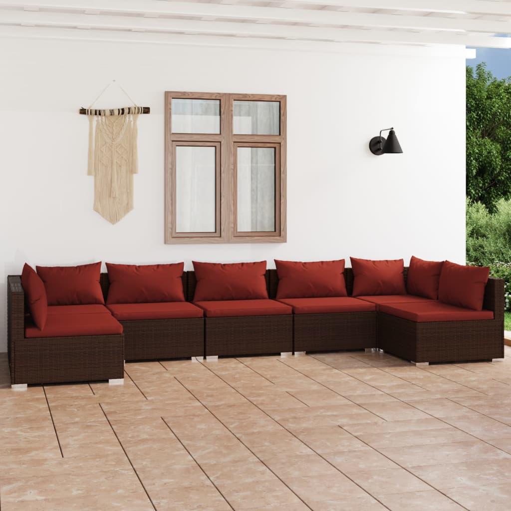 7 Piece Garden Lounge Set with Cushions Poly Rattan Brown