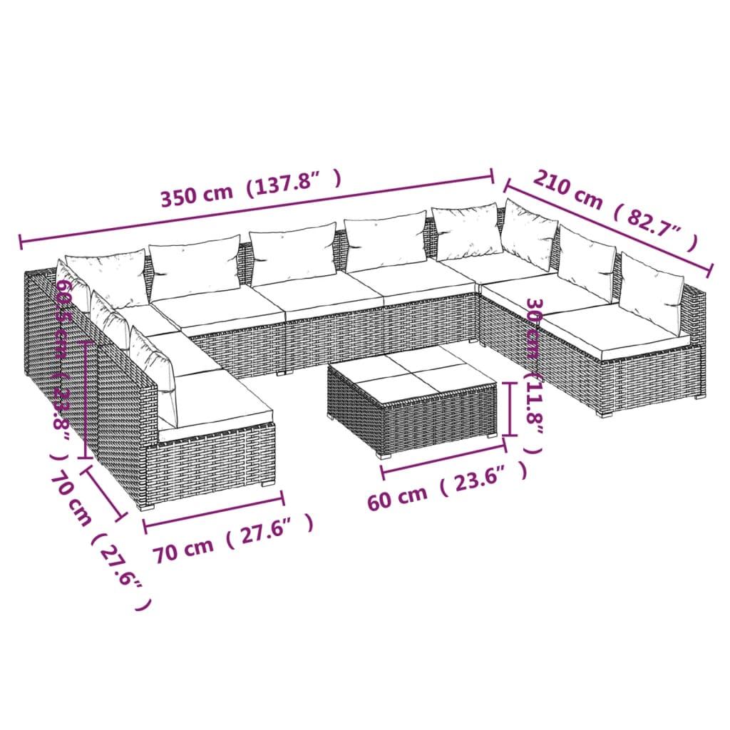 10 Piece Garden Lounge Set with Cushions Poly Rattan Grey