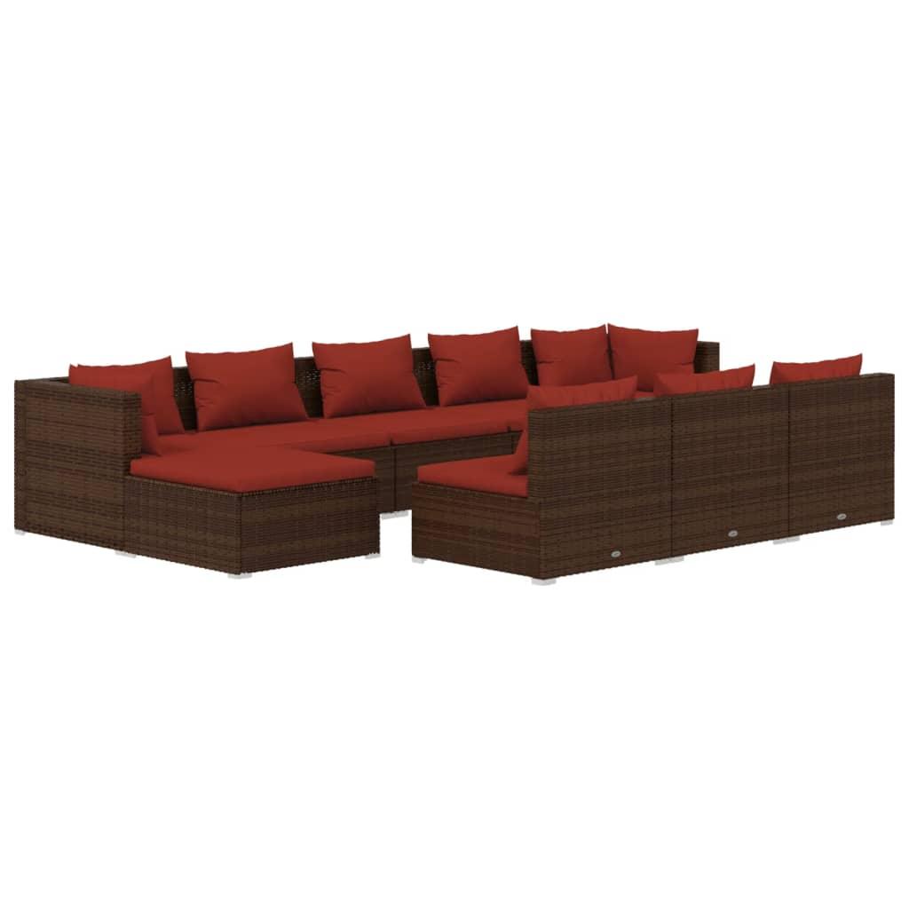 10 Piece Garden Lounge Set with Cushions Brown Poly Rattan