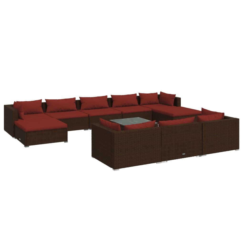 11 Piece Garden Lounge Set with Cushions Brown Poly Rattan