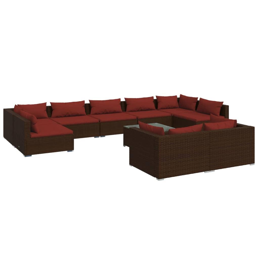 10 Piece Garden Lounge Set with Cushions Brown Poly Rattan