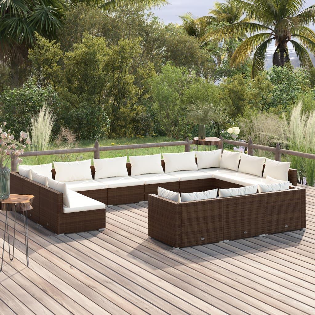 13 Piece Garden Lounge Set with Cushions Brown Poly Rattan