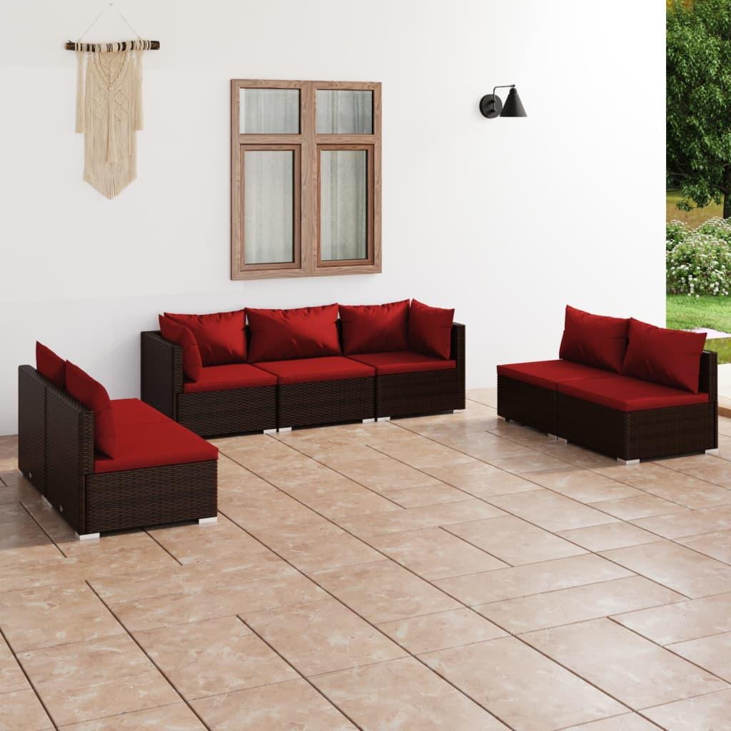 7 Piece Garden Lounge Set with Cushions Poly Rattan Brown