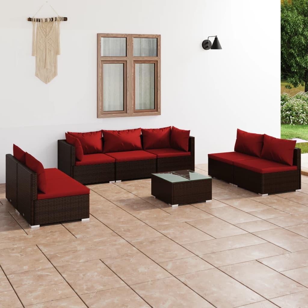 8 Piece Garden Lounge Set with Cushions Poly Rattan Brown