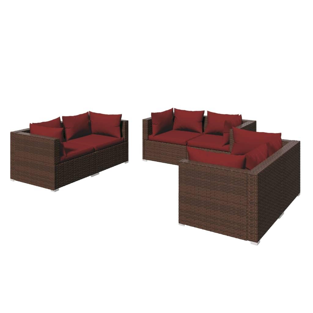 6 Piece Garden Lounge Set with Cushions Poly Rattan Brown