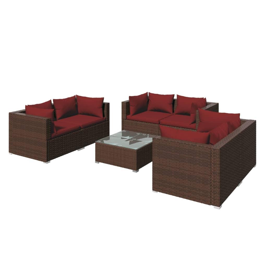7 Piece Garden Lounge Set with Cushions Poly Rattan Brown