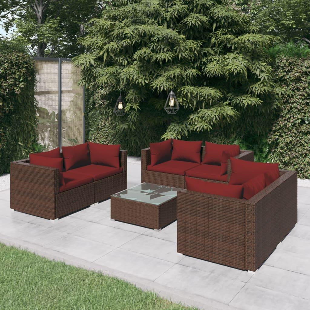 7 Piece Garden Lounge Set with Cushions Poly Rattan Brown