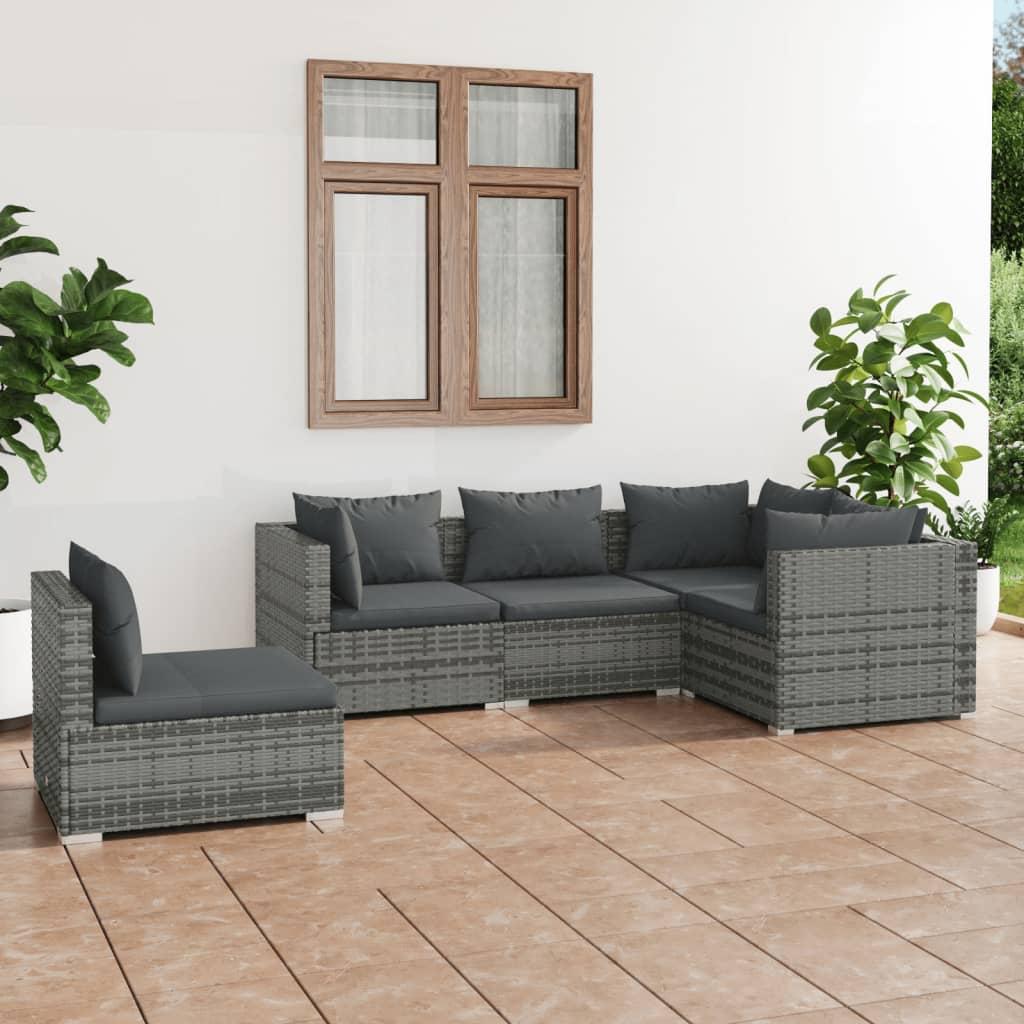 5 Piece Garden Lounge Set with Cushions Poly Rattan Grey