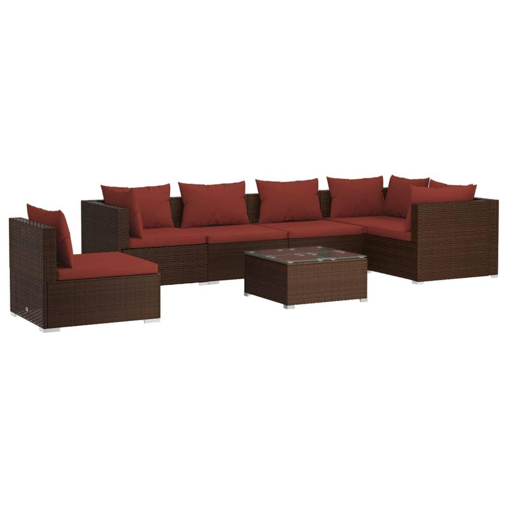 7 Piece Garden Lounge Set with Cushions Poly Rattan Brown