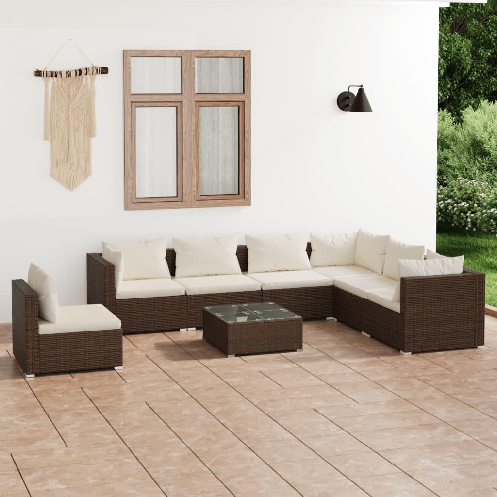 8 Piece Garden Lounge Set with Cushions Poly Rattan Brown