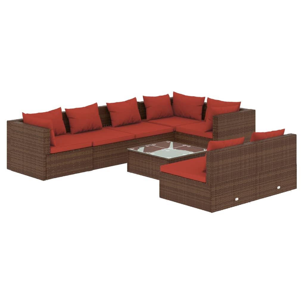 8 Piece Garden Lounge Set with Cushions Brown Poly Rattan