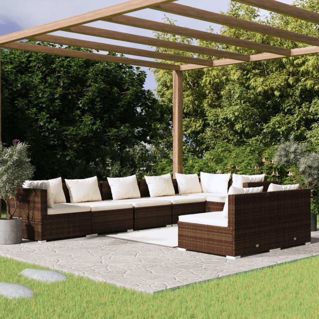 8 Piece Garden Lounge Set with Cushions Brown Poly Rattan