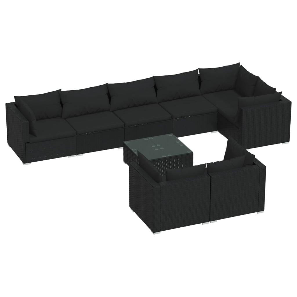 9 Piece Garden Lounge Set with Cushions Black Poly Rattan