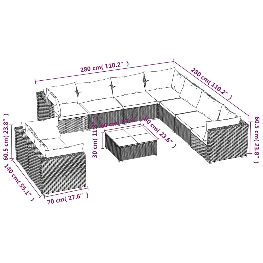 10 Piece Garden Lounge Set with Cushions Black Poly Rattan