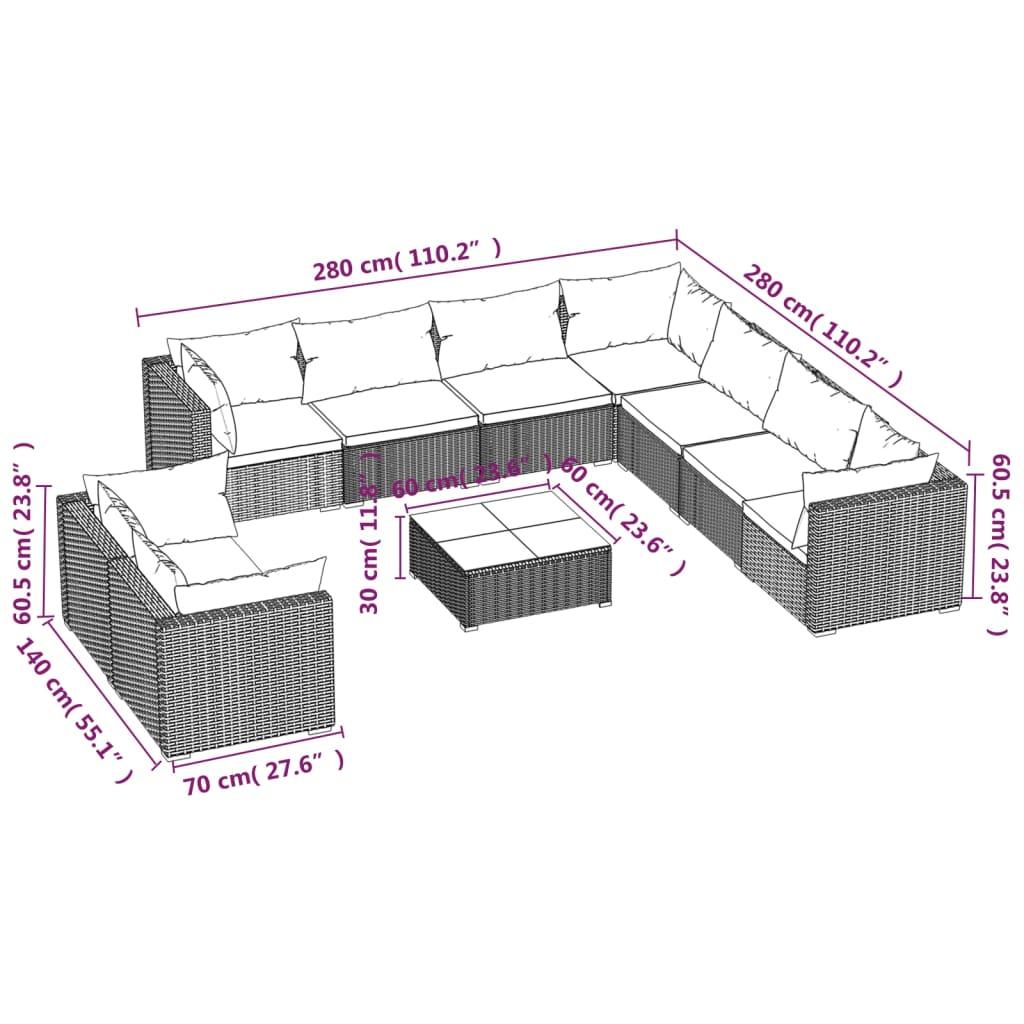 10 Piece Garden Lounge Set with Cushions Brown Poly Rattan
