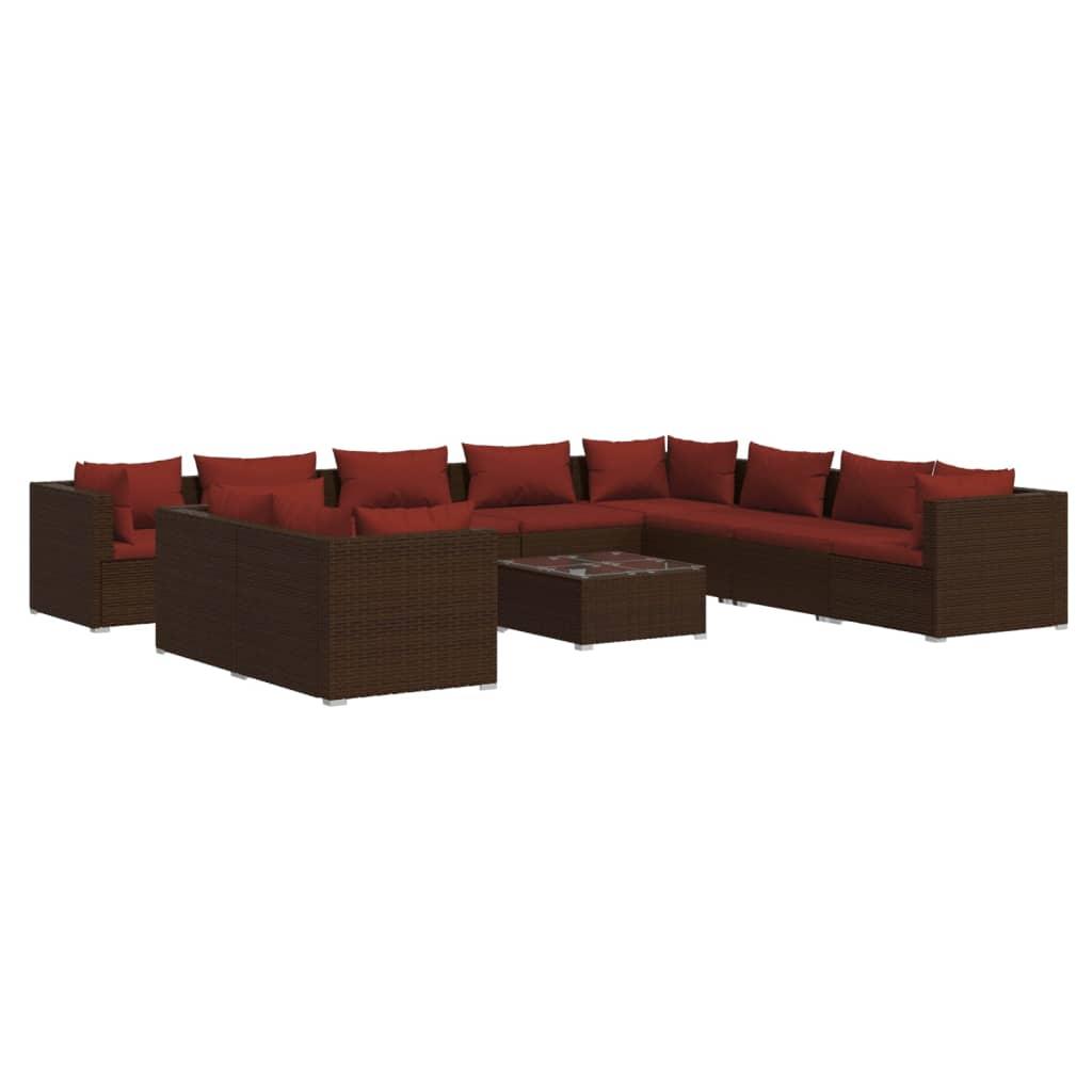 11 Piece Garden Lounge Set with Cushions Brown Poly Rattan